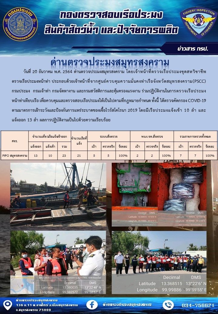 สถิติการแจ้งเข้า - ออกเรือประมงพาณิชย์ ด่านตรวจประมงสมุทรสงคราม ประจำวันที่ 20 ธันวาคม 2564..คลิก