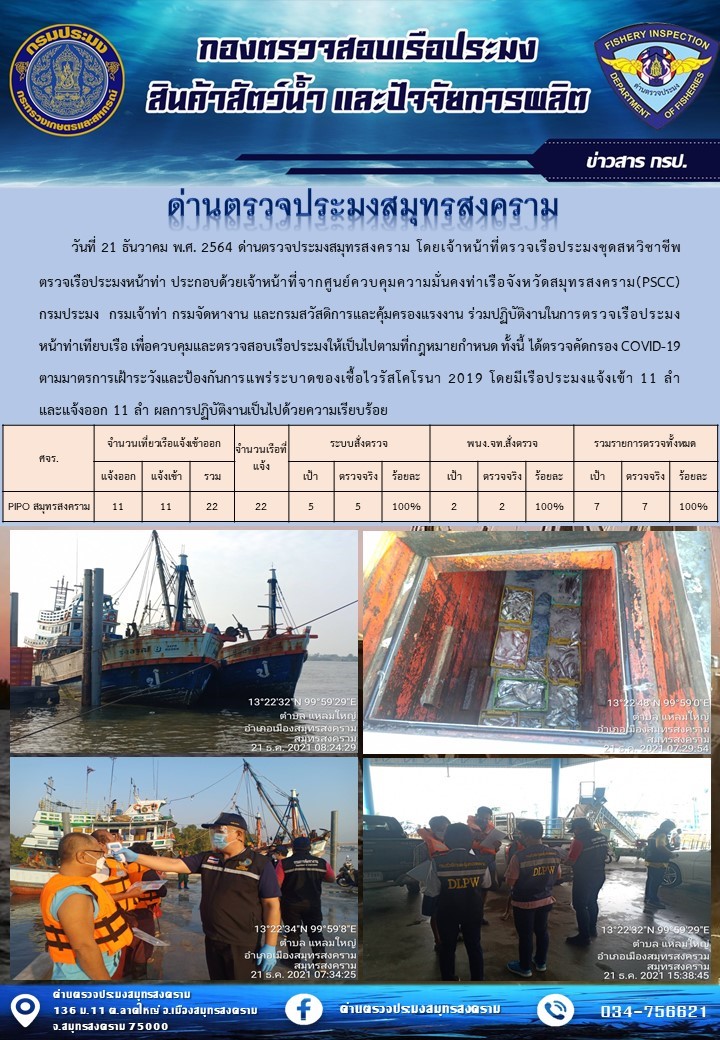 สถิติการแจ้งเข้า - ออกเรือประมงพาณิชย์ ด่านตรวจประมงสมุทรสงคราม ประจำวันที่ 21 ธันวาคม 2564..คลิก