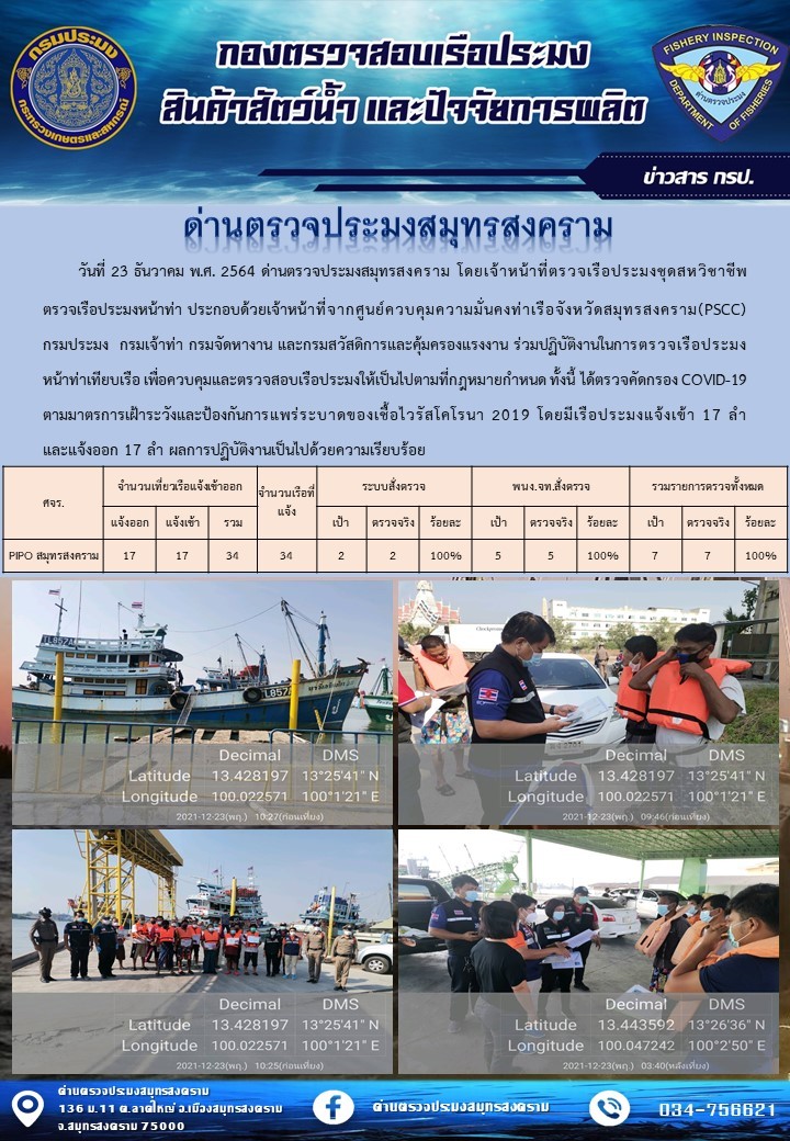 สถิติการแจ้งเข้า - ออกเรือประมงพาณิชย์ ด่านตรวจประมงสมุทรสงคราม ประจำวันที่ 23 ธันวาคม 2564..คลิก