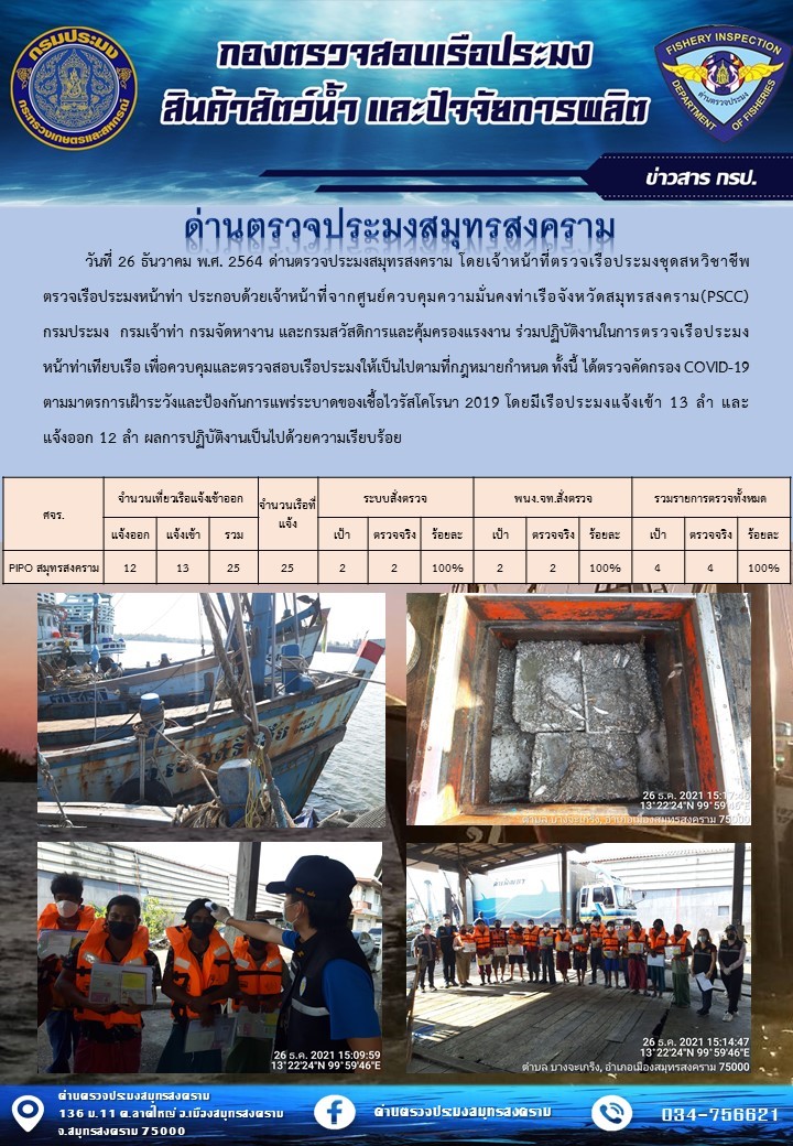สถิติการแจ้งเข้า - ออกเรือประมงพาณิชย์ ด่านตรวจประมงสมุทรสงคราม ประจำวันที่ 26 ธันวาคม 2564..คลิก