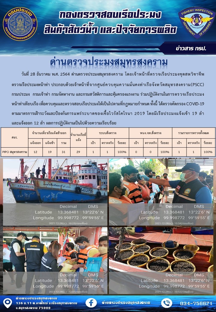 สถิติการแจ้งเข้า - ออกเรือประมงพาณิชย์ ด่านตรวจประมงสมุทรสงคราม ประจำวันที่ 28 ธันวาคม 2564..คลิก