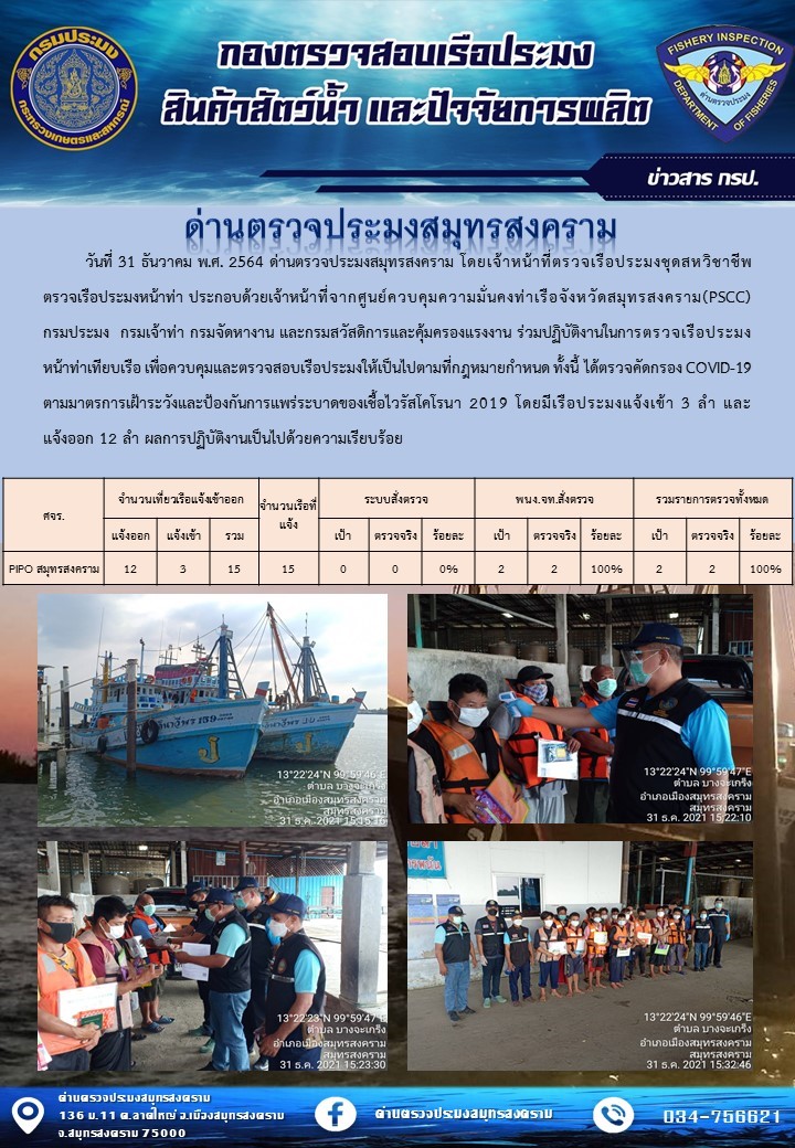 สถิติการแจ้งเข้า - ออกเรือประมงพาณิชย์ ด่านตรวจประมงสมุทรสงคราม ประจำวันที่ 31 ธันวาคม 2564..คลิก