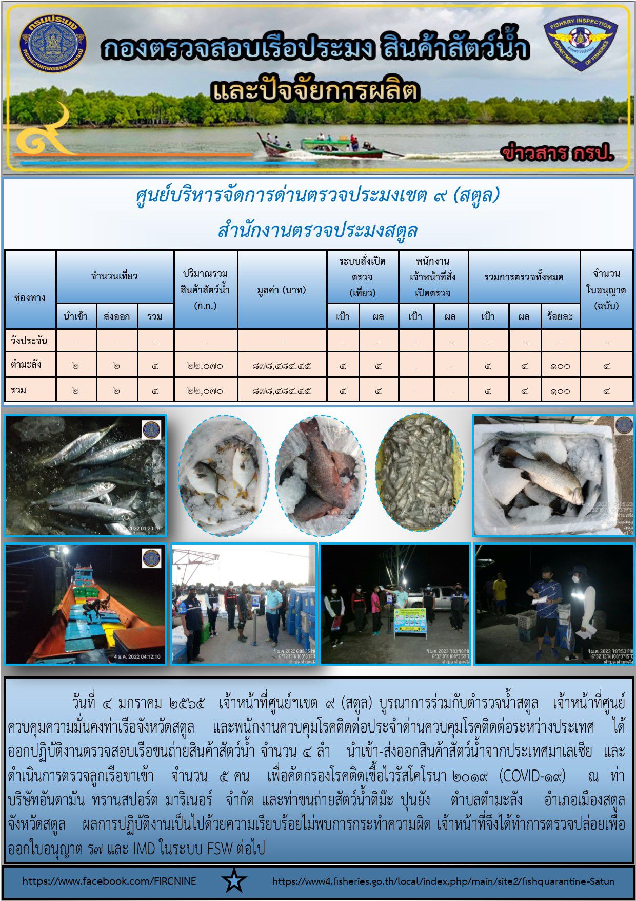 ประชาสัมพันธ์การปฏิบัติงานศูนย์บริหารจัดการด่านตรวจประมงเขต 9 (สตูล) ประจำวันที่ 1-5 มกราคม 2565..คลิก