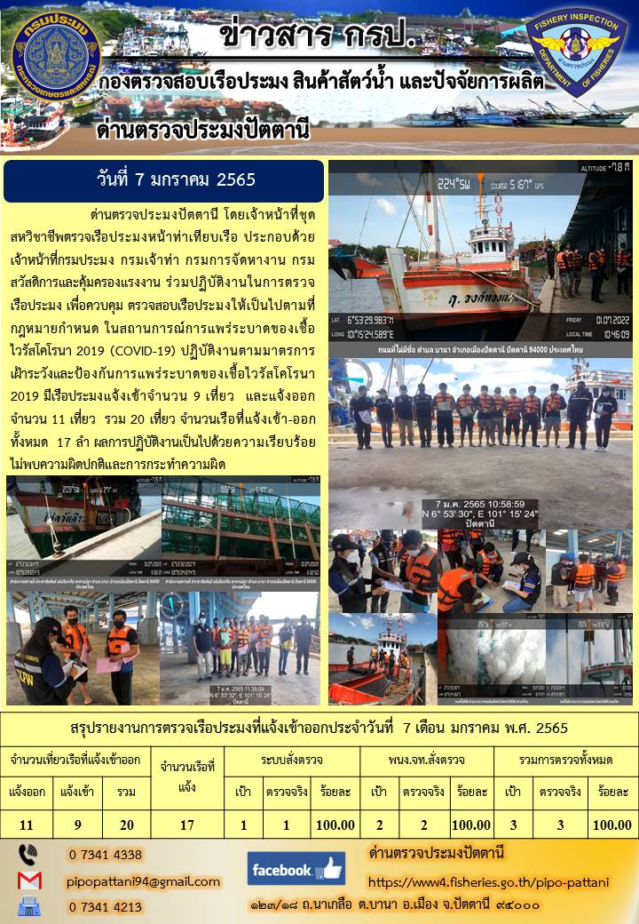ข่าวสารการปฏิบัติงาน ด่านตรวจประมงปัตตานี 7 ม.ค. 65..คลิก