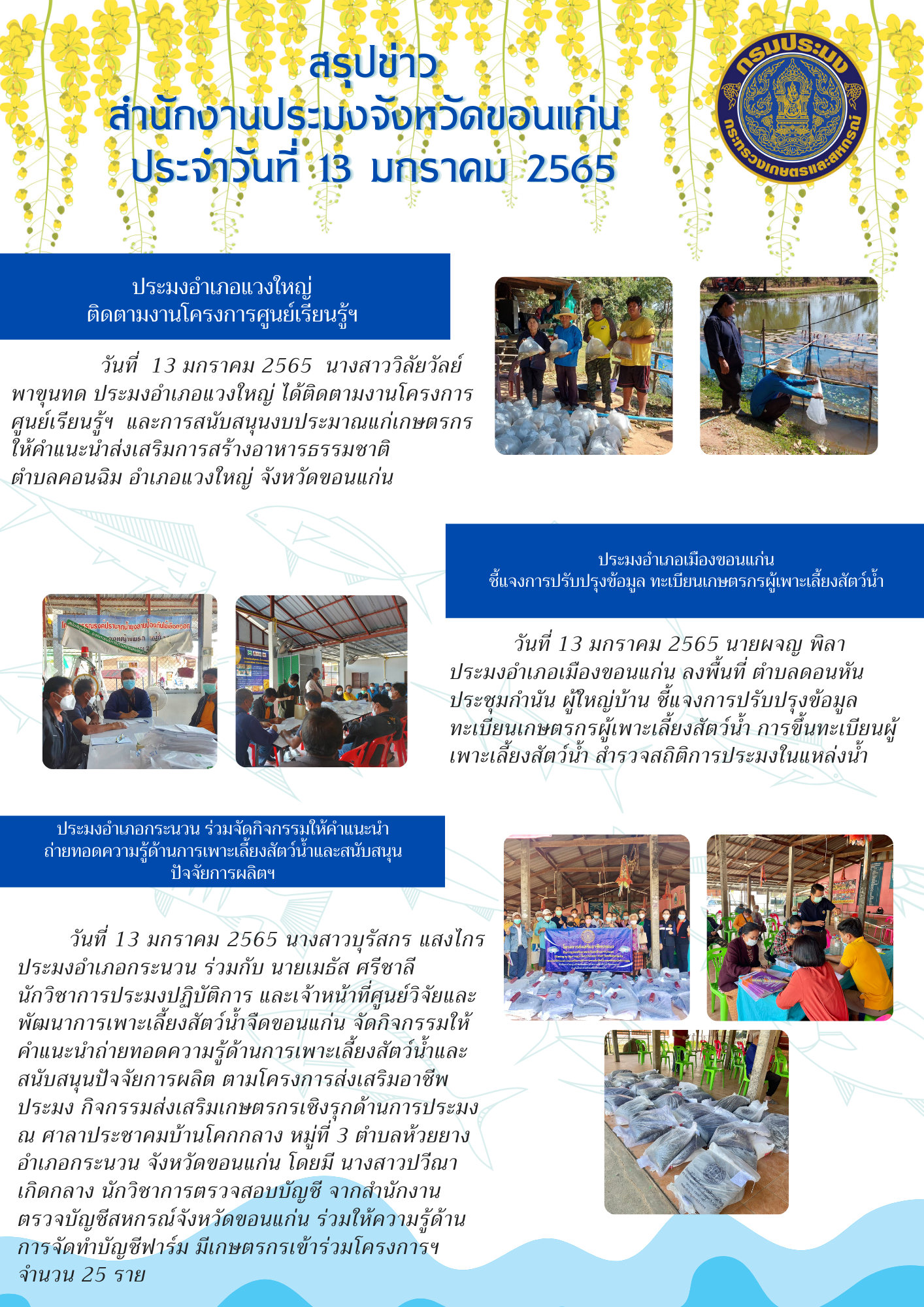 สรุปข่าว สำนักงานประมงจังหวัดขอนแก่น ประจำวันที่ 13 มกราคม 2565