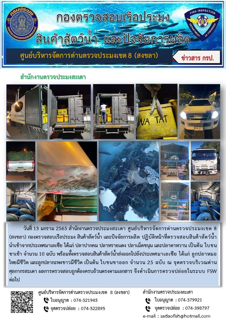 ประชาสัมพันธ์การปฏิบัติงาน วันที่ 13 มกราคม 2565 สำนักงานตรวจประมงสะเดา..คลิก