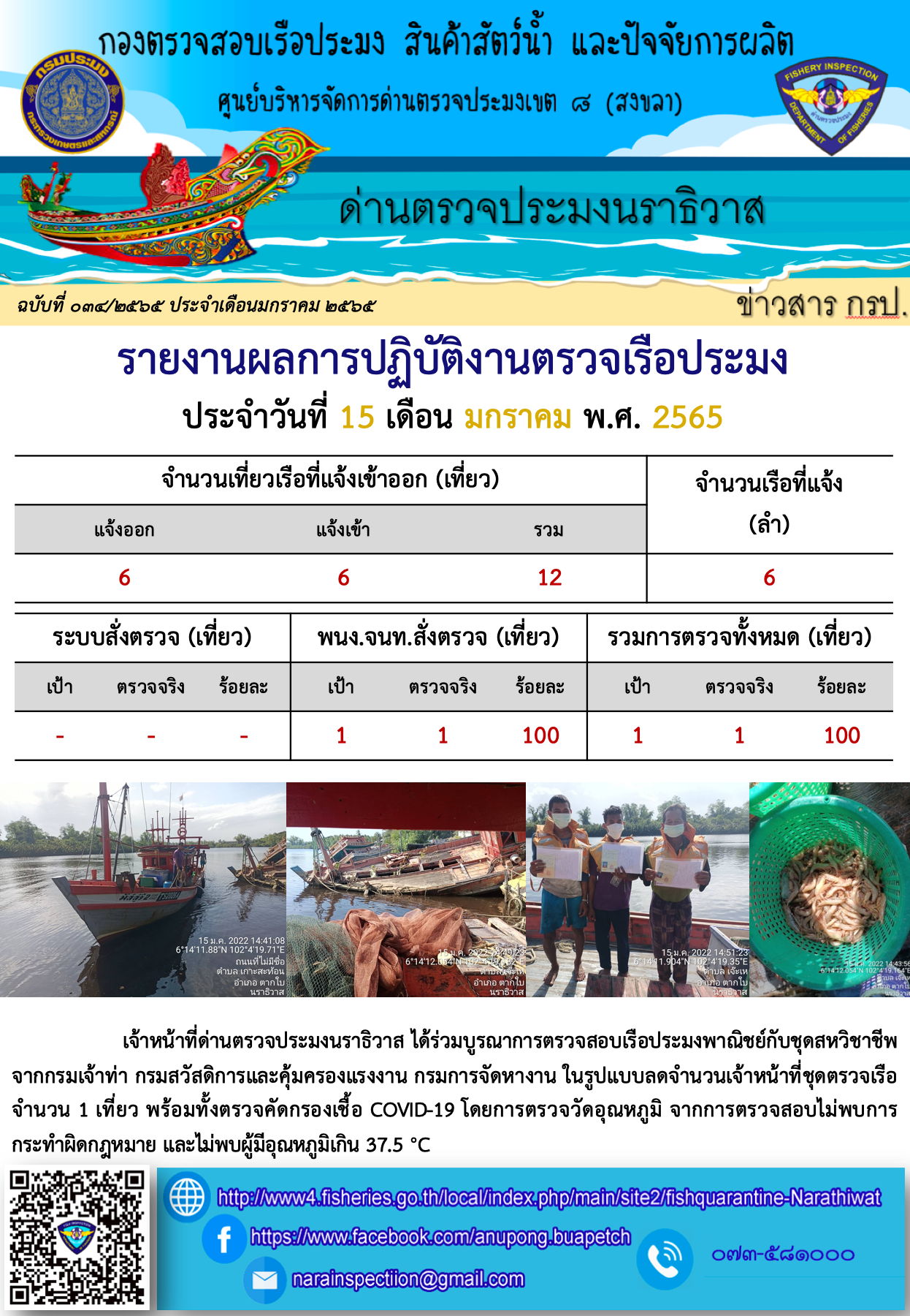 ประชาสัมพันธ์ด่านตรวจประมงนราธิวาส ประจำวันที่ 15 มกราคม 2565..คลิก
