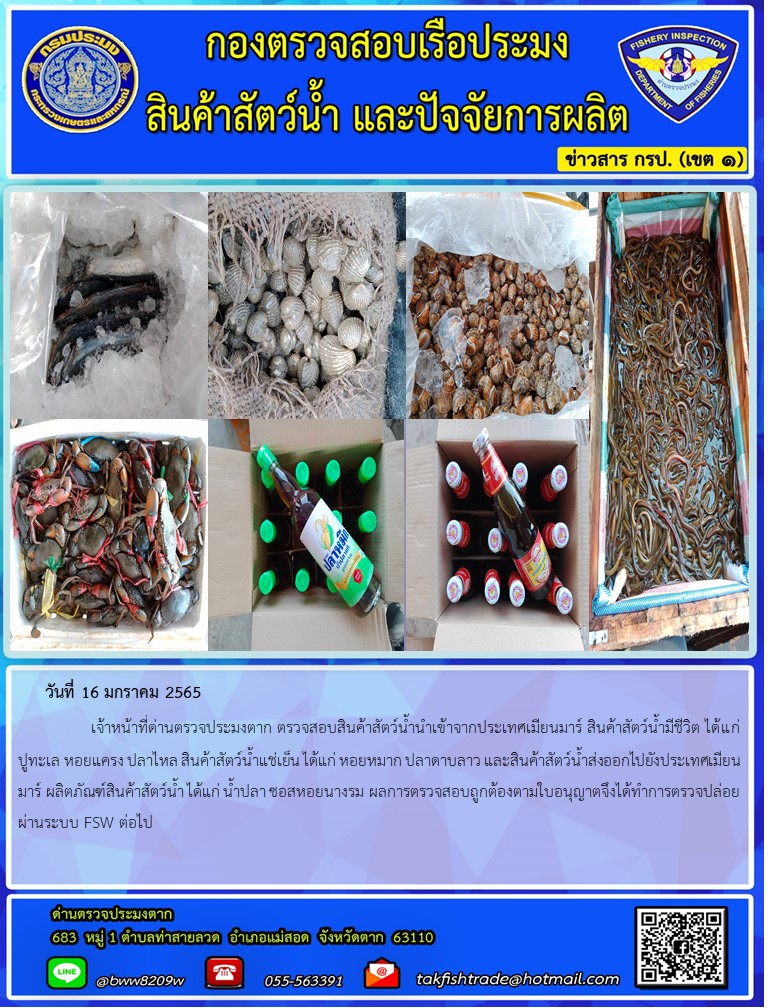 วันที่ 16 มกราคม 2565   	     เจ้าหน้าที่ด่านตรวจประมงตาก ตรวจสอบสินค้าสัตว์น้ำนำเข้าจากประเทศเมียนมาร์ สินค้าสัตว์น้ำมีชีวิต ได้แก่ ปูทะเล หอยแครง ปลาไหล สินค้าสัตว์น้ำแช่เย็น ได้แก่ หอยหมาก ปลาดาบลาว และสินค้าสัตว์น้ำส่งออกไปยังประเทศเมียนมาร์ ผลิตภัณฑ์สินค้าสัตว์น้ำ ได้แก่ น้ำปลา ซอสหอยนางรม ผลการตรวจสอบถูกต้องตามใบอนุญาตจึงได้ทำการตรวจปล่อยผ่านระบบ FSW ต่อไป