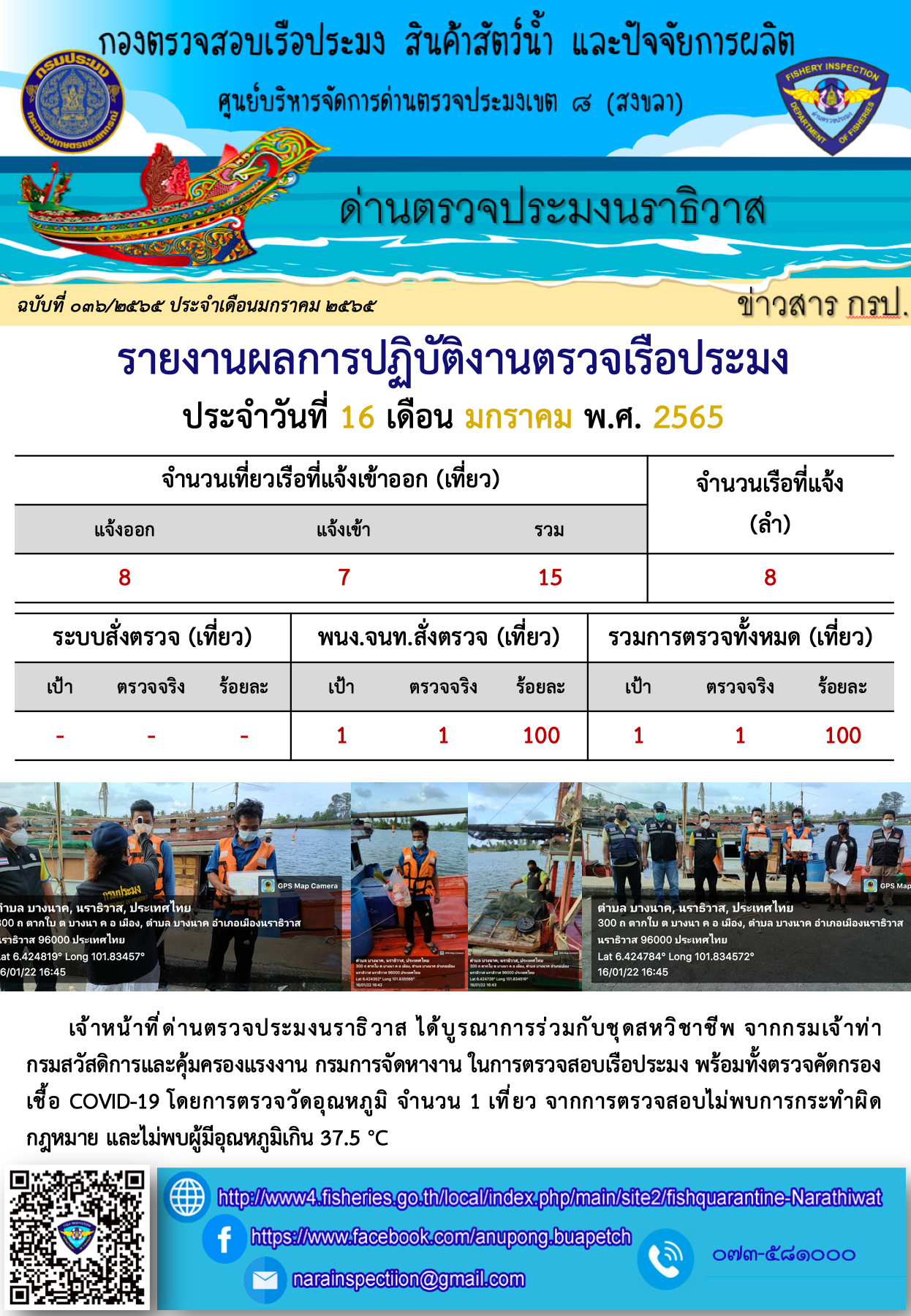 ประชาสัมพันธ์ด่านตรวจประมงนราธิวาส ประจำวันที่ 16 มกราคม 2565..คลิก