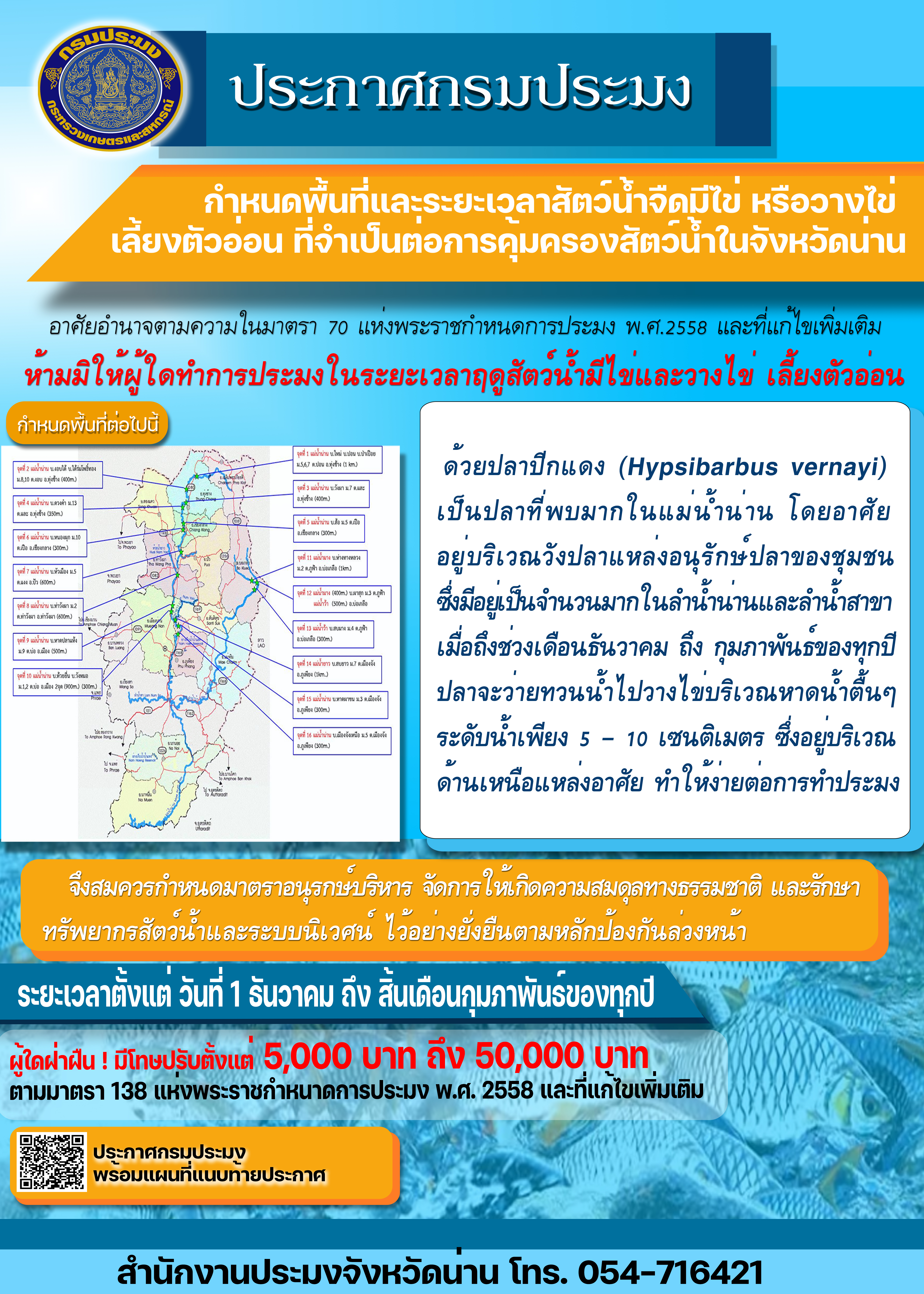 กำหนดพื้นที่และระยะเวลาสัตว์น้ำจืดมีไข่ หรือวางไข่เลี้ยงตัวอ่อน ที่จำเป็นต่อการคุ้มครองสัตว์น้ำในจังหวัดน่าน..คลิก