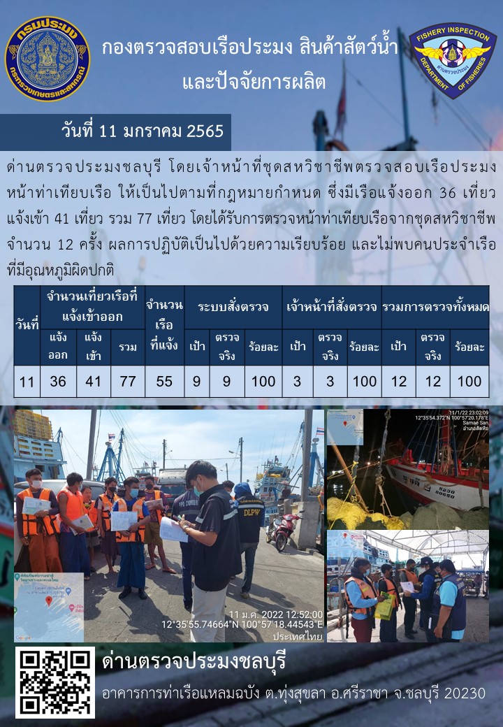 การปฏิบัติงานของเจ้าหน้าที่ด่านตรวจประมงชลบุรีประจำวันที่ 11 มกราคม 2565..คลิก