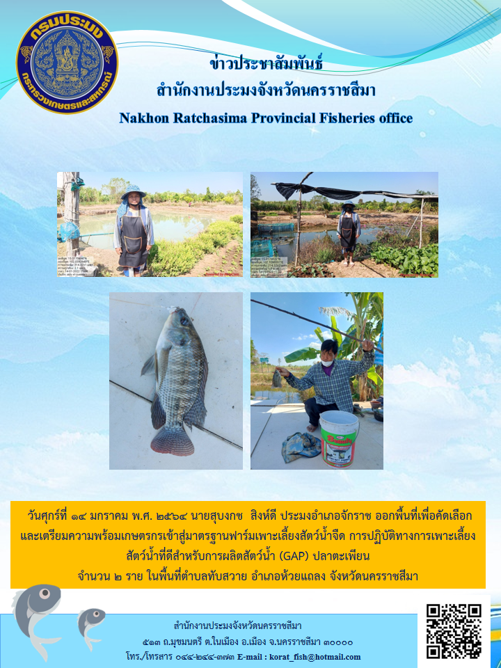 ประมงอำเภอจักราชออกพื้นที่เพื่อคัดเลือกและเตรียมความพร้อมเกษตรกรเข้าสู่มาตรฐานฟาร์มเพาะเลี้ยงสัตว์น้ำจืดการปฏิบัติทางการเพาะเลี้ยงสัตว์น้ำที่ดีสำหรับการผลิตสัตว์น้ำ(GAP)..คลิก