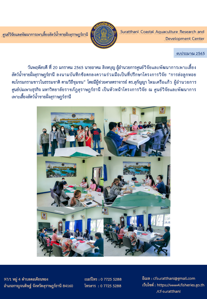 ลงนามบันทึกข้อตกลงความร่วมมือเป็นที่ปรึกษาโครงการวิจัย “การล่อลูกหอยตะโกรมกรามขาวในธรรมชาติ ตามวิถีชุมชน”