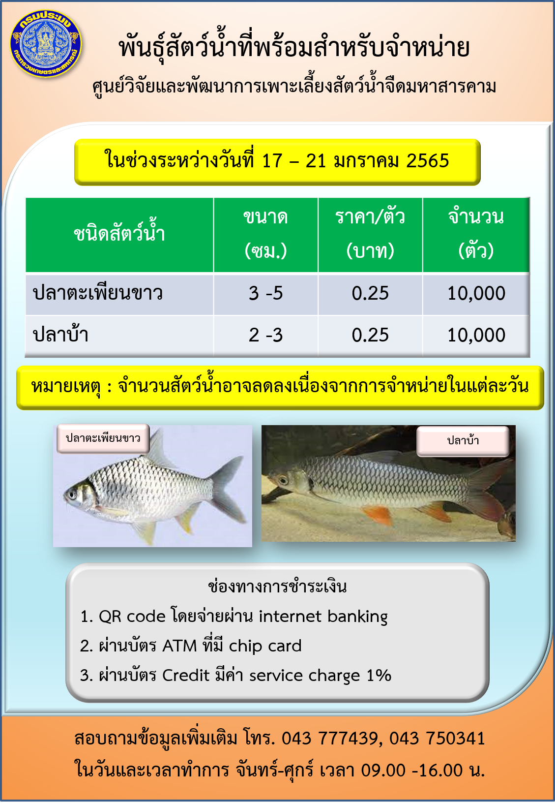 พันธุ์สัตว์น้ำที่พร้อมสำหรับจำหน่าย ระหว่างวันที่ 17 – 21 มกราคม 2565..คลิก