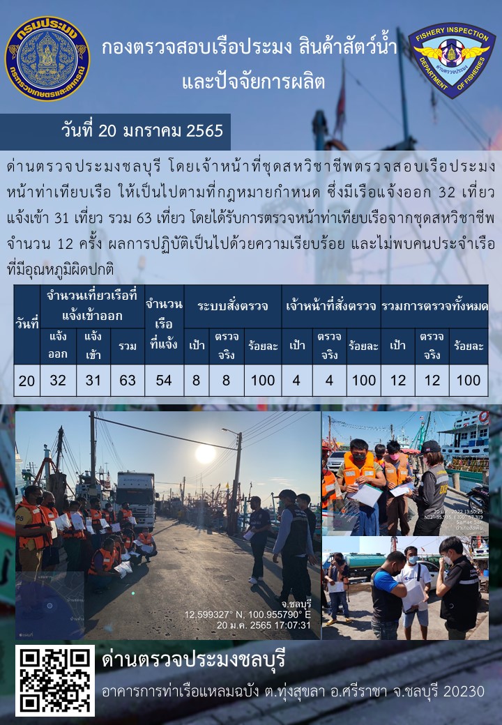 การปฏิบัติงานของเจ้าหน้าที่ด่านตรวจประมงชลบุรีประจำวันที่ 20 มกราคม 2565..คลิก