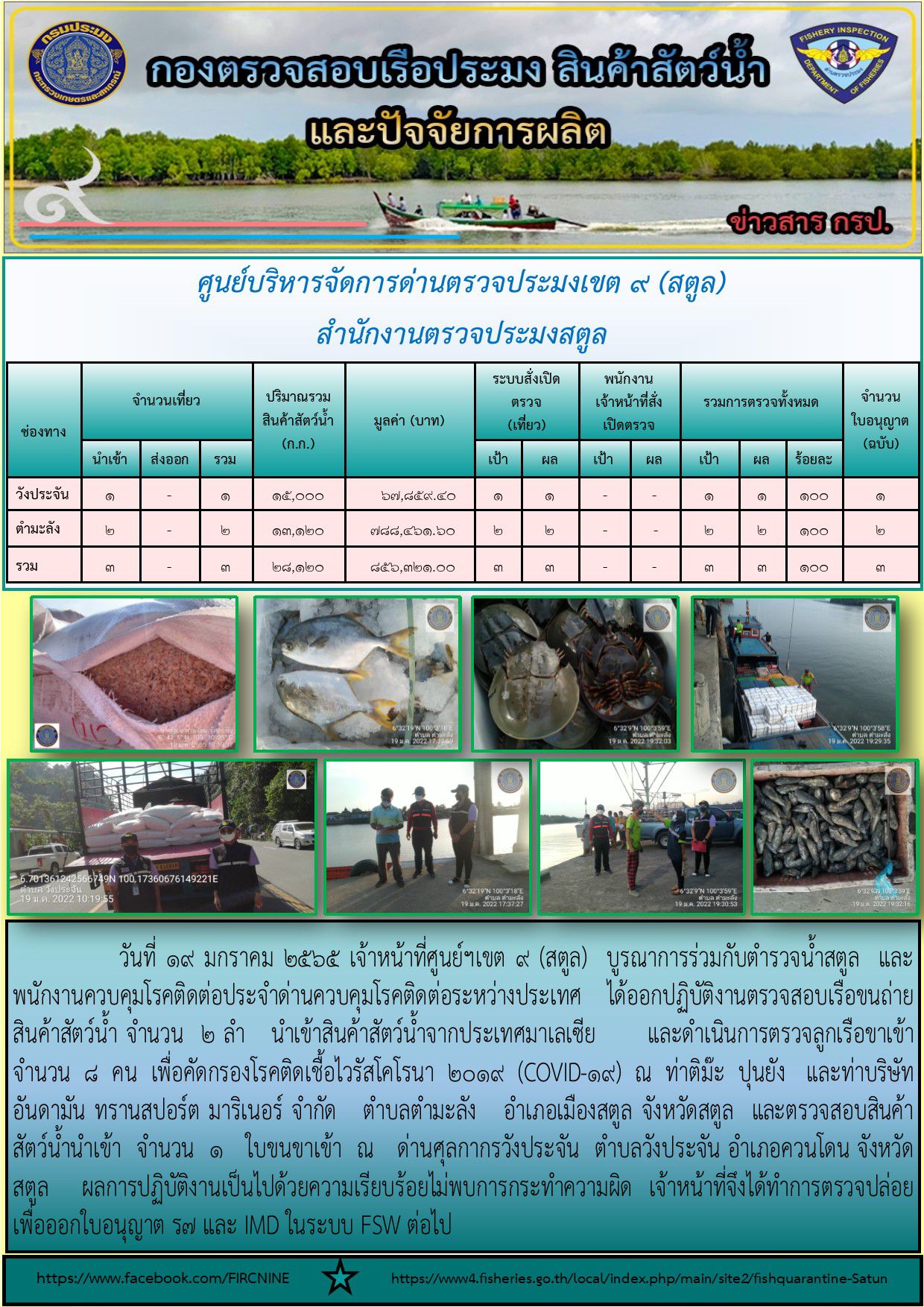 ประชาสัมพันธ์การปฏิบัติงานศูนย์บริหารจัดการด่านตรวจประมงเขต 9 (สตูล) ประจำวันที่ 16-20 มกราคม 2565..คลิก