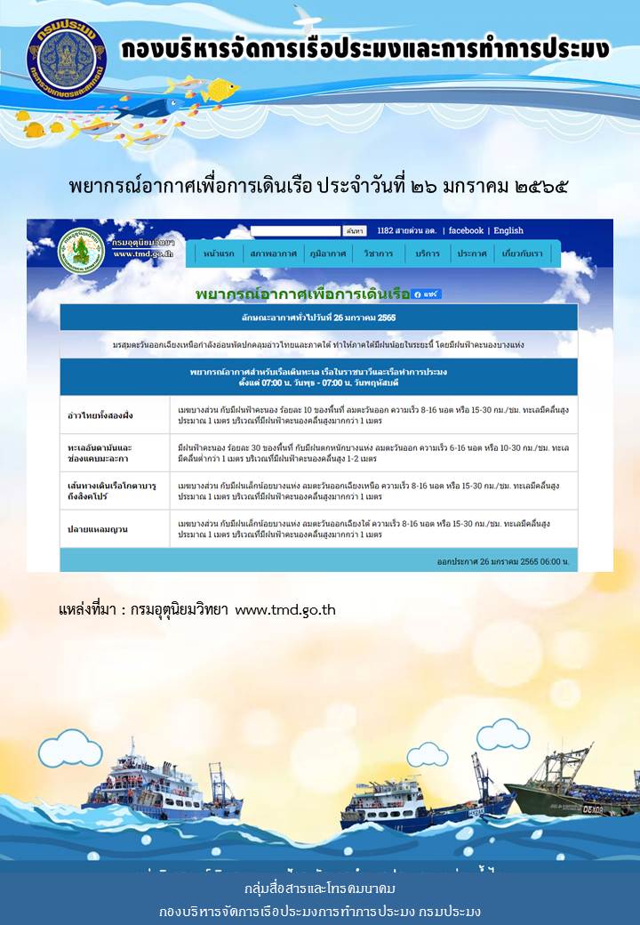 พยากรณ์อากาศเพื่อการเดินเรือ ประจำวันที่ 26 มกราคม 2565..คลิก