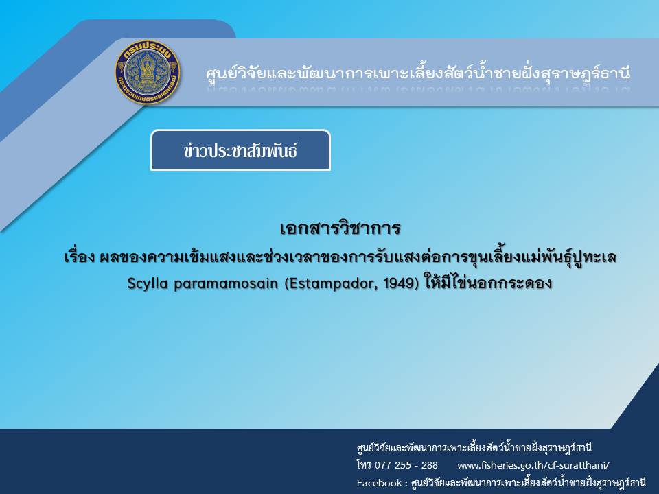 เอกสารวิชาการ เรื่อง ผลของความเข้มแสงและช่วงเวลาของการรับแสงต่อการขุนเลี้ยงแม่พันธุ์ปูทะเล  Scylla paramamosain (Estampador, 1949) ให้มีไข่นอกกระดอง