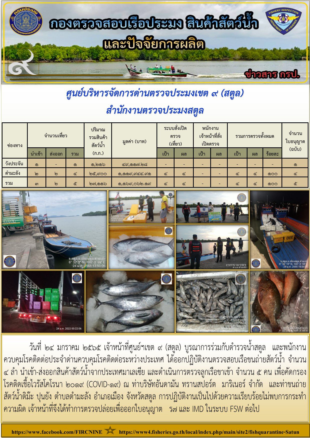 ประชาสัมพันธ์การปฏิบัติงานศูนย์บริหารจัดการด่านตรวจประมงเขต 9 (สตูล) ประจำวันที่ 21-25 มกราคม 2565..คลิก