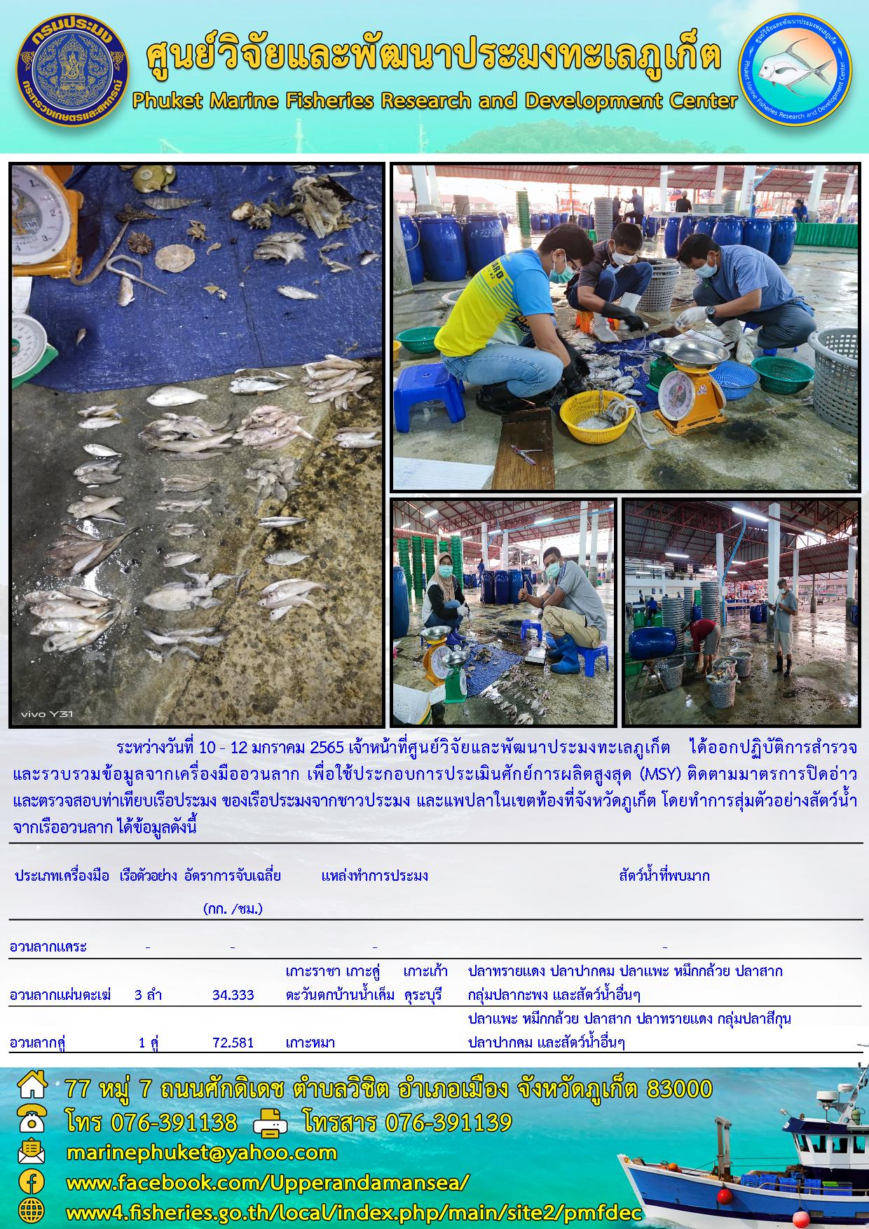 ระหว่างวันที่ 10 - 12 มกราคม 2565  เจ้าหน้าที่ศูนย์วิจัยและพัฒนาประมงทะเลภูเก็ต   ได้ออกปฏิบัติการสำรวจ   และรวบรวมข้อมูลจากเครื่องมืออวนลาก ในพื้นที่ จ.ภูเก็ต..คลิก