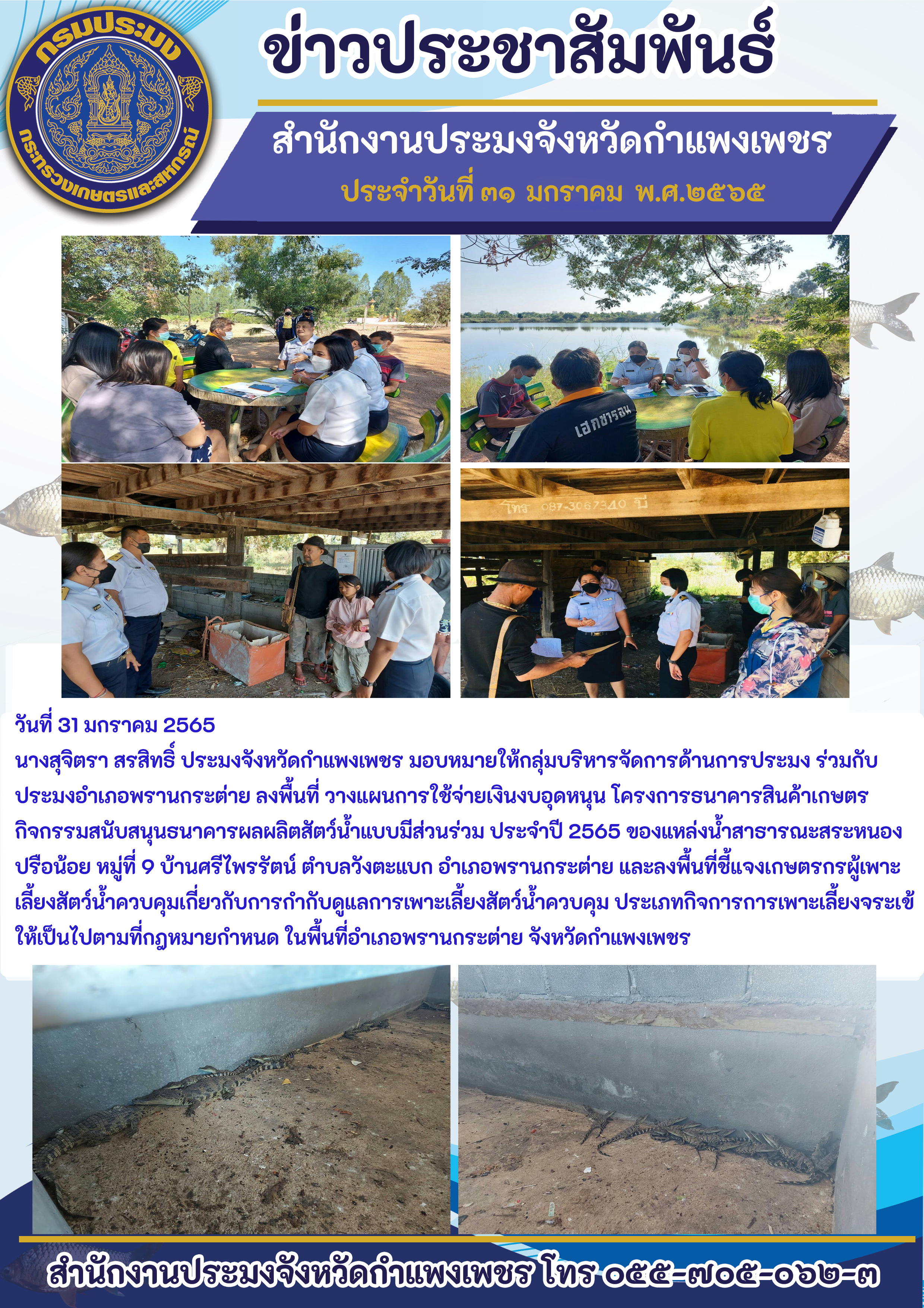 ลงพื้นที่วางแผนการใช้จ่ายเงินงบอุดหนุน โครงการธนาคารสินค้าเกษตร กิจกรรมสนับสนุนธนาคารผลผลิตสัตว์น้ำแบบมีส่วนร่วม ประจำปี 2565 ของแหล่งน้ำสาธารณะสระหนองปรือน้อย หมู่ที่ 9 บ้านศรีไพรรัตน์ ตำบลวังตะแบก อำเภอพรานกระต่าย และลงพื้นที่ชี้แจงเกษตรกรผู้เพาะเลี้ยงสัตว์น้ำควบคุมเกี่ยวกับการกำกับดูแลการเพาะเลี้ยงสัตว์น้ำควบคุม ประเภทกิจการการเพาะเลี้ยงจระเข้ให้เป็นไปตามที่กฎหมายกำหนด ในพื้นที่อำเภอพรานกระต่าย จังหวัดกำแพงเพชร..คลิก