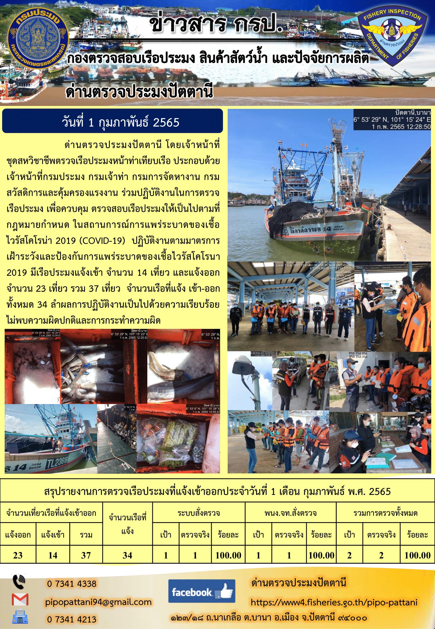 ข่าวสารการปฏิบัติงาน ด่านตรวจประมงปัตตานี 1 ก.พ. 65..คลิก