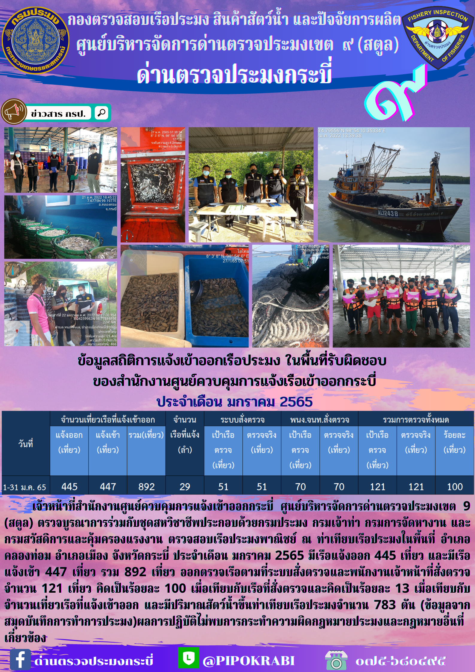 ข้อมูลสถิติการแจ้งเข้าออกเรือประมง ประจำเดือนมกราคม 2565..คลิก