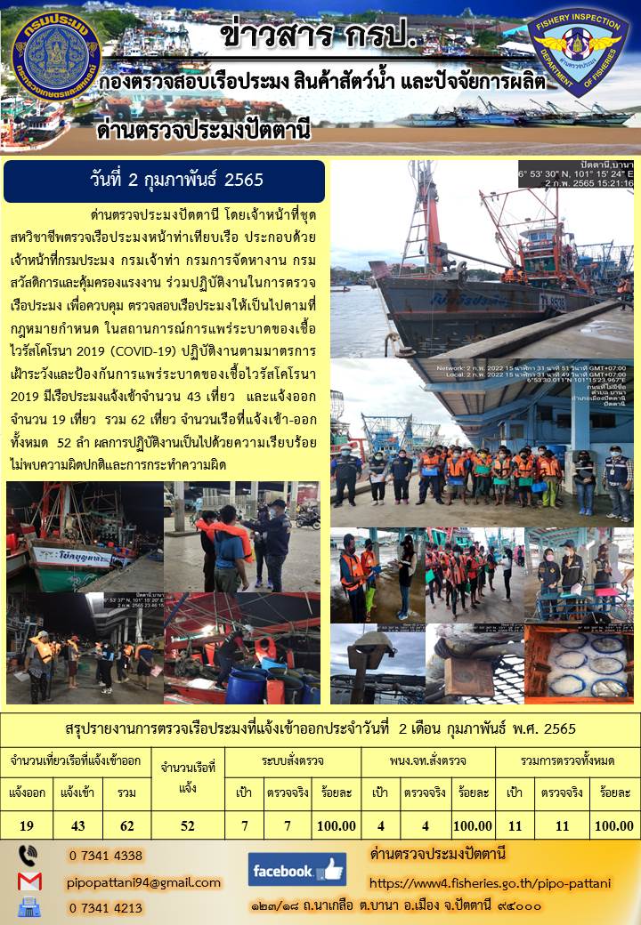 ข่าวสารการปฏิบัติงาน ด่านตรวจประมงปัตตานี 2 ก.พ. 65..คลิก