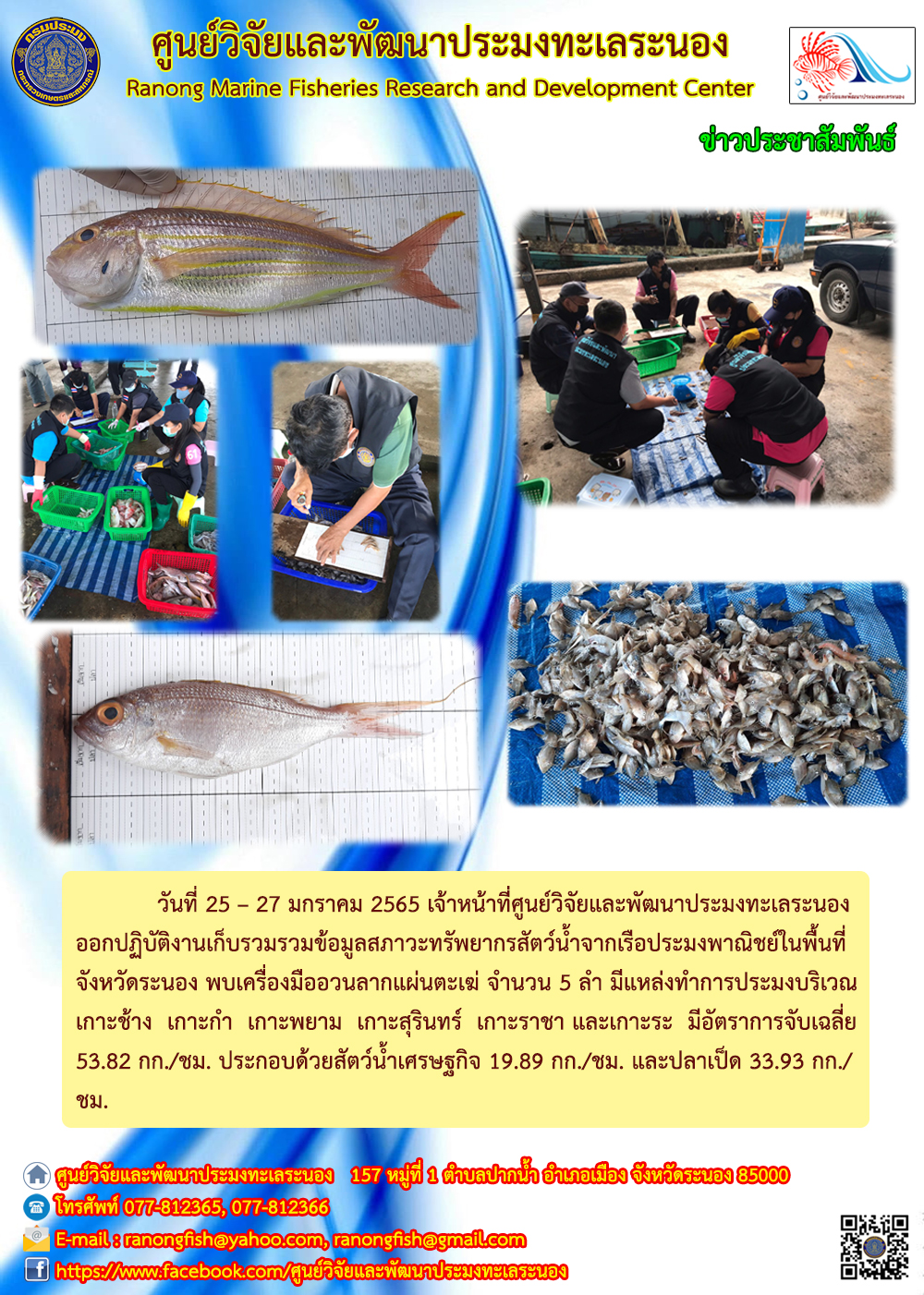 เจ้าหน้าที่ ศพท.ระนอง ออกปฏิบัติงานเก็บรวบรวมข้อมูลทรัพยากรสัตว์น้ำจากเรือประมงพาณิชย์ในเขตจังหวัดระนอง ระหว่างวันที่ 25-27 มกราคม 2565..คลิก