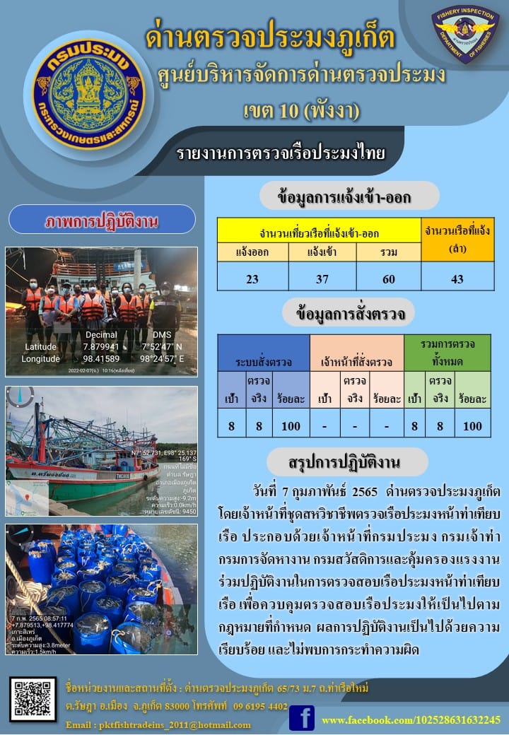 รายงานผลการแจ้งเข้าออกเรือประมงไทยและข้อมูลการสั่งตรวจ ประจำวันที่ 7 กุมภาพันธ์ 2565..คลิก