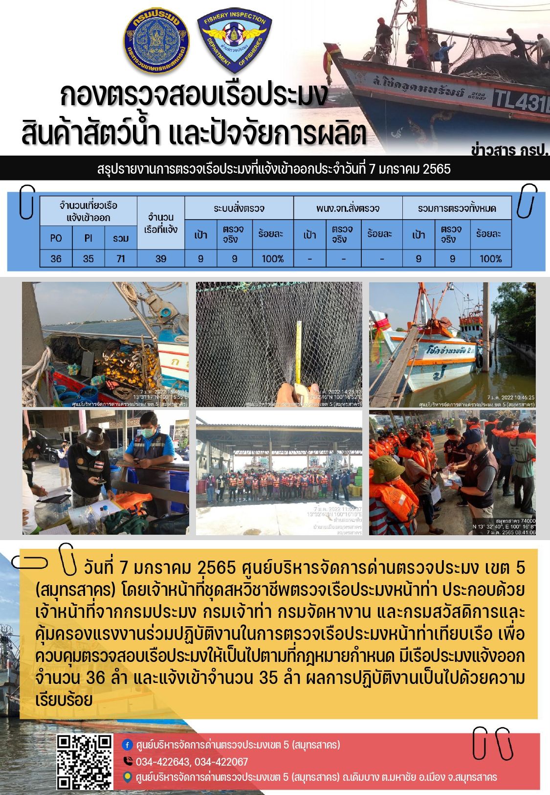 รายงานการตรวจเรือประมงที่แจ้งเข้าออกประจำวันที่ 7 มกราคม 2565..คลิก
