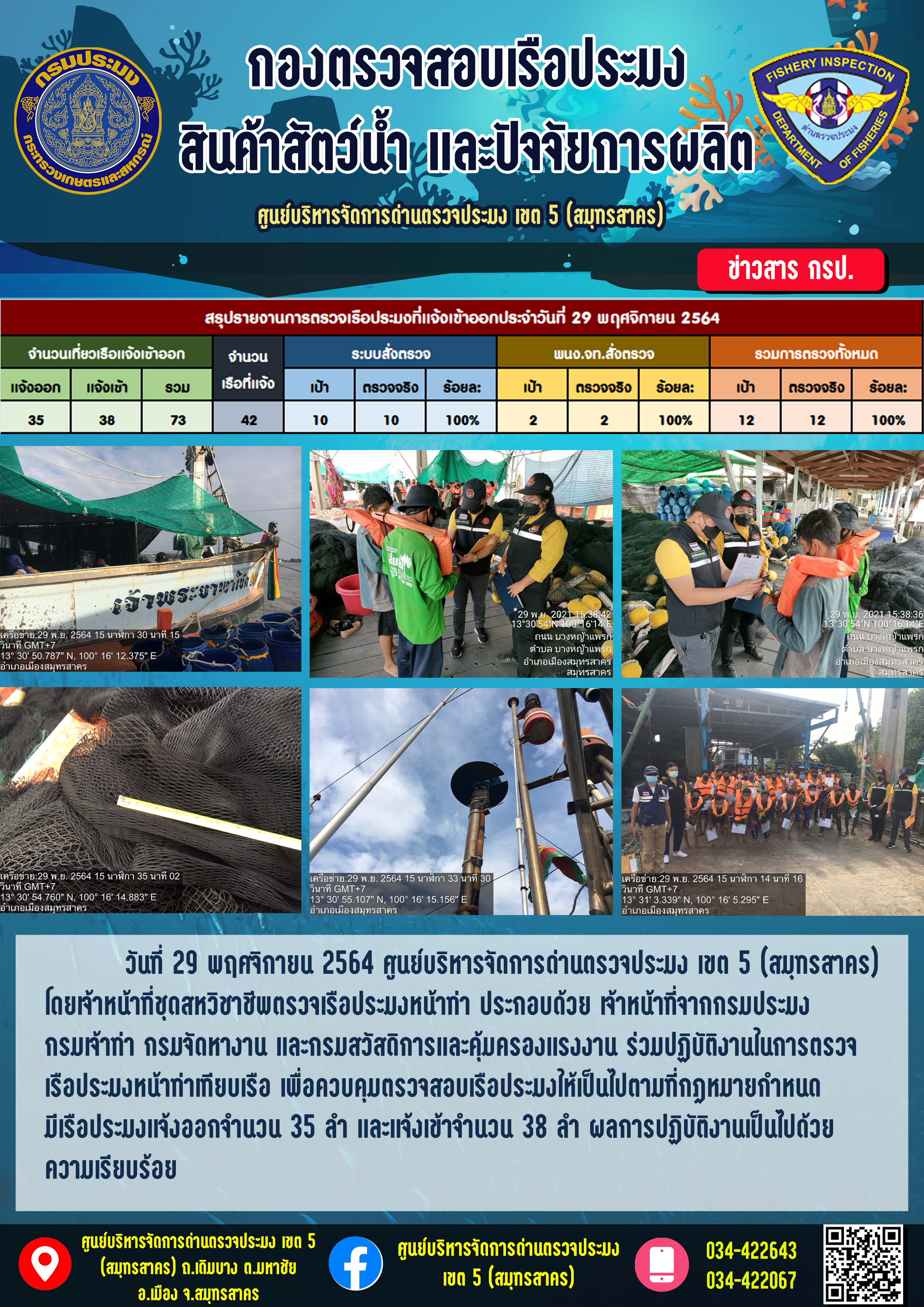 รายงานการตรวจเรือประมงที่แจ้งเข้าออกประจำวันที่ 29 พฤศจิกายน 2565..คลิก