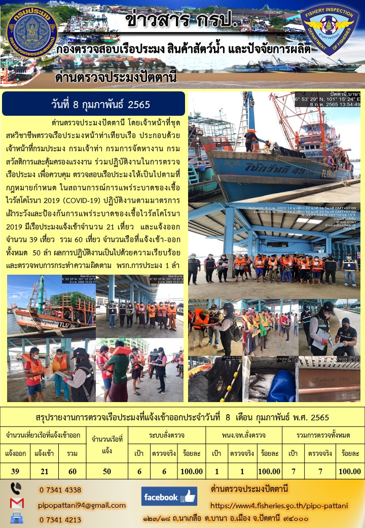 ข่าวสารการปฏิบัติงาน ด่านตรวจประมงปัตตานี 8 ก.พ. 65..คลิก