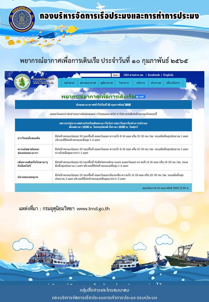 พยากรณ์อากาศเพื่อการเดินเรือ ประจำวันที่ 10 กุมภาพันธ์ 2565..คลิก