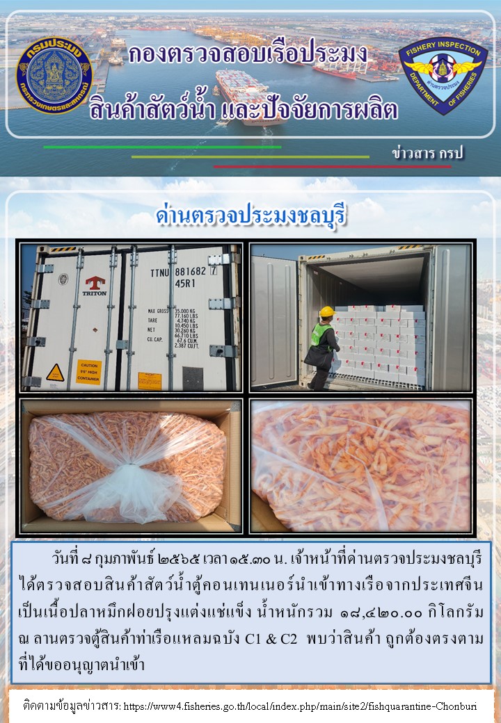 การปฏิบัติงานของเจ้าหน้าที่ด่านตรวจประมงชลบุรีประจำวันที่ 8 กุมภาพันธ์ 2565..คลิก