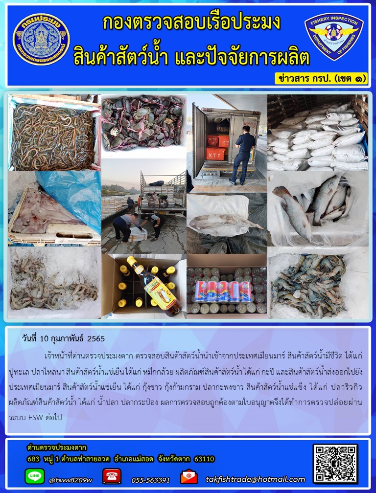 วันที่ 10 กุมภาพันธ์ 2565   	     เจ้าหน้าที่ด่านตรวจประมงตาก ตรวจสอบสินค้าสัตว์น้ำนำเข้าจากประเทศเมียนมาร์ สินค้าสัตว์น้ำมีชีวิต ได้แก่ ปูทะเล ปลาไหลนา สินค้าสัตว์น้ำแช่เย็น ได้แก่ หมึกกล้วย ผลิตภัณฑ์สินค้าสัตว์น้ำ ได้แก่ กะปิ และสินค้าสัตว์น้ำส่งออกไปยังประเทศเมียนมาร์ สินค้าสัตว์น้ำแช่เย็น ได้แก่ กุ้งขาว กุ้งก้ามกราม ปลากะพงขาว สินค้าสัตว์น้ำแช่แข็ง ได้แก่ ปลาริวกิว ผลิตภัณฑ์สินค้าสัตว์น้ำ ได้แก่ น้ำปลา ปลากระป๋อง ผลการตรวจสอบถูกต้องตามใบอนุญาตจึงได้ทำการตรวจปล่อยผ่านระบบ FSW ต่อไป..คลิก