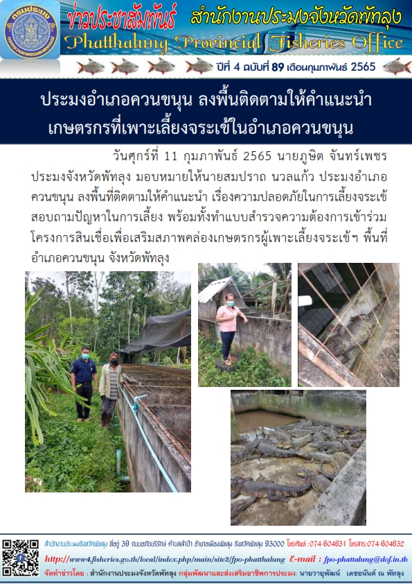 ประมงอำเภอควนขนุน ลงพื้นที่ติดตามให้คำแนะนำเกษตรกรที่เพาะเลี้ยงจระเข้ในอำเภอควนขนุน