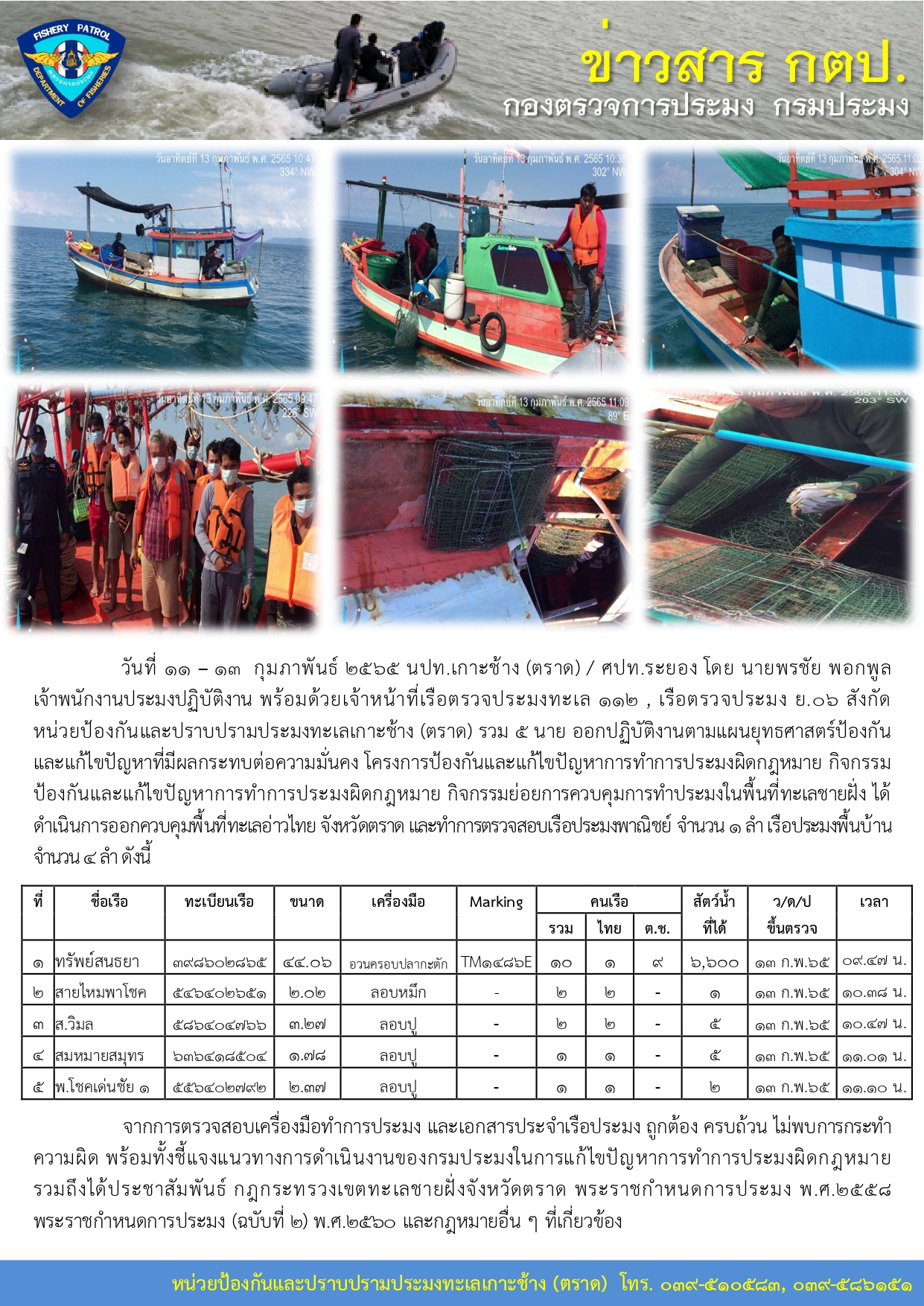 วันที่ 11 - 13 กุมภาพันธ์ 2565 การควบคุมการทำประมงในพื้นที่ทะเลชายฝั่ง เรือตรวจประมงทะเล 112,เรือตรวจประมง ย.06..คลิก