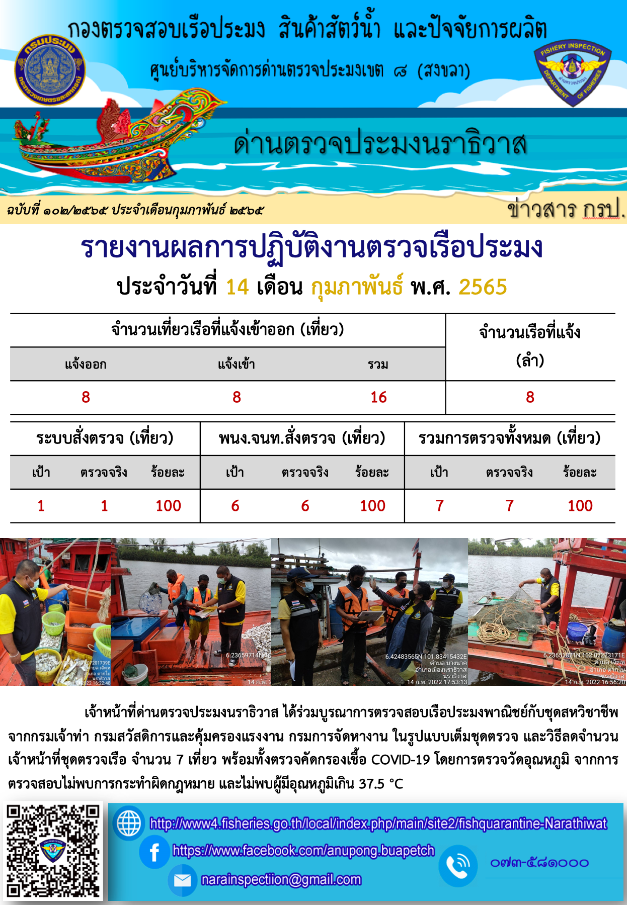 ประชาสัมพันธ์ด่านตรวจประมงนราธิวาส ประจำวันที่ 14 กุมภาพันธ์ 2565..คลิก