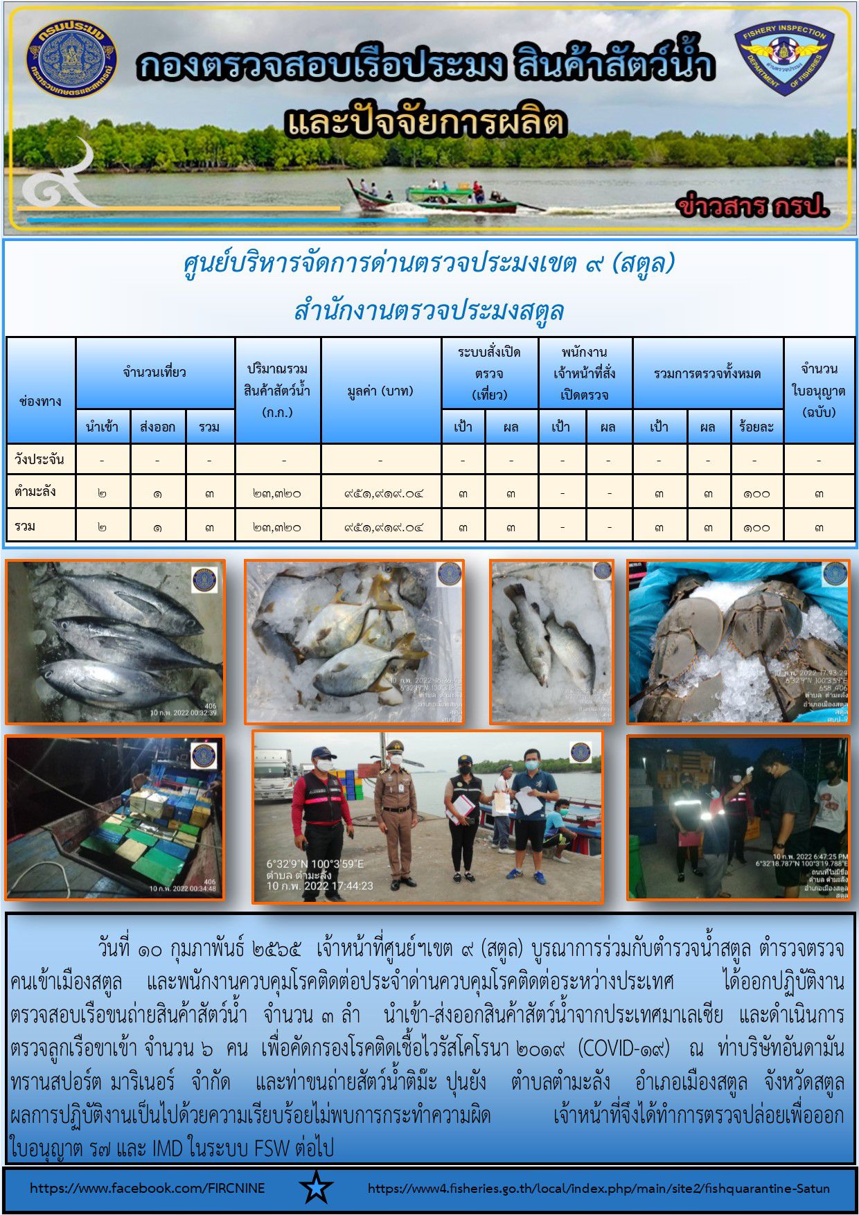 ประชาสัมพันธ์การปฏิบัติงานศูนย์บริหารจัดการด่านตรวจประมงเขต 9 (สตูล) ประจำวันที่ 9-13 กุมภาพันธ์ 2565..คลิก