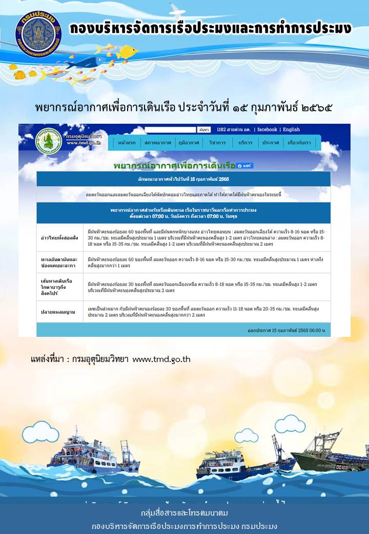 พยากรณ์อากาศเพื่อการเดินเรือ ประจำวันที่ 15 กุมภาพันธ์ 2565..คลิก