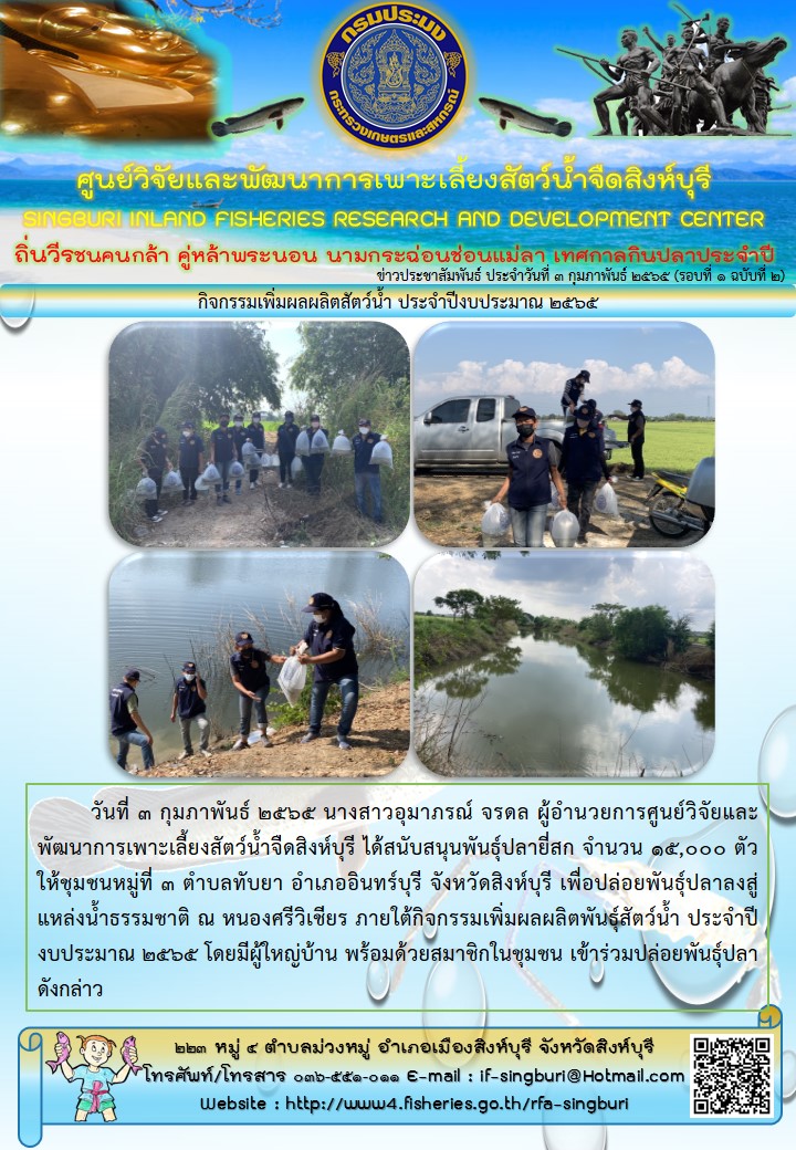 กิจกรรมเพิ่มผลผลิตสัตว์น้ำ ประจำปีงบประมาณ 2565..คลิก