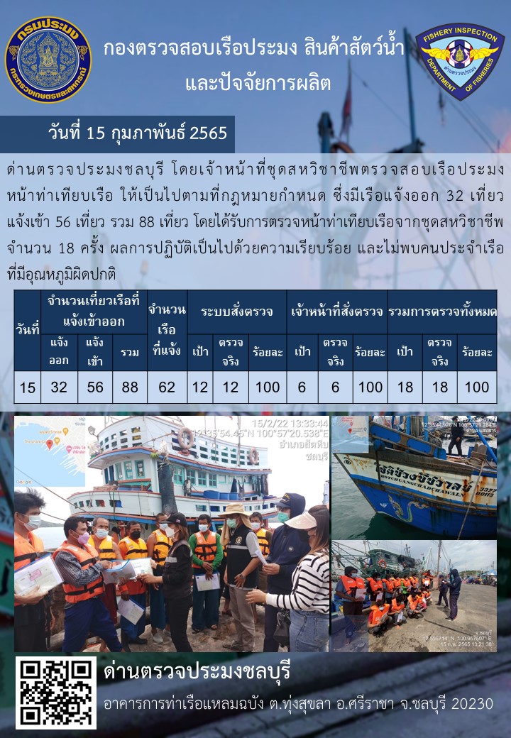 การปฏิบัติงานของเจ้าหน้าที่ด่านตรวจประมงชลบุรีประจำวันที่ 15 กุมภาพันธ์ 2565..คลิก