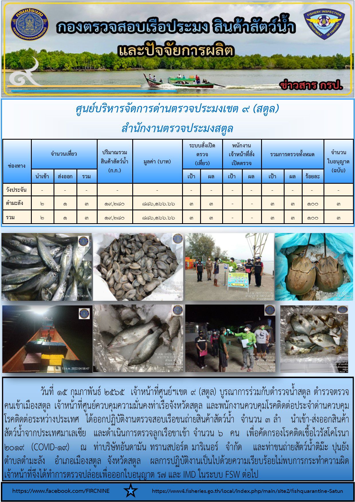 ประชาสัมพันธ์การปฏิบัติงานศูนย์บริหารจัดการด่านตรวจประมงเขต 9 (สตูล) ประจำวันที่ 14-18 กุมภาพันธ์ 2565..คลิก