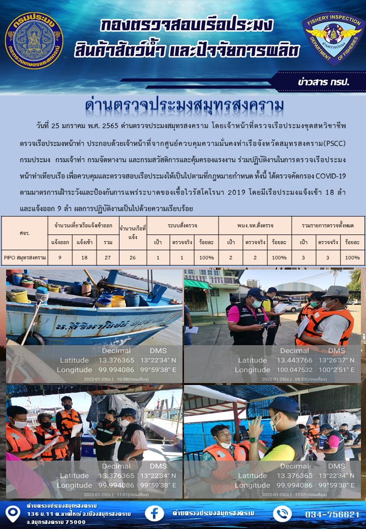 สถิติการแจ้งเข้า - ออกเรือประมงพาณิชย์ ด่านตรวจประมงสมุทรสงคราม ประจำวันที่ 25 มกราคม 2565..คลิก