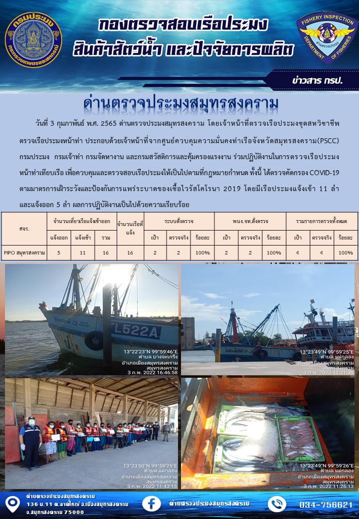 สถิติการแจ้งเข้า - ออกเรือประมงพาณิชย์ ด่านตรวจประมงสมุทรสงคราม ประจำวันที่ 3 กุมภาพันธ์ 2565..คลิก