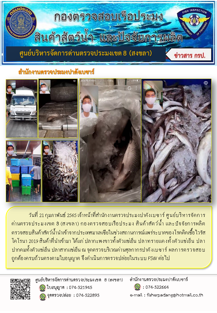 ประชาสัมพันธ์การปฏิบัติงาน วันที่ 21 กุมภาพันธ์ 2565 สำนักงานตรวจประมงปาดังเบซาร์..คลิก