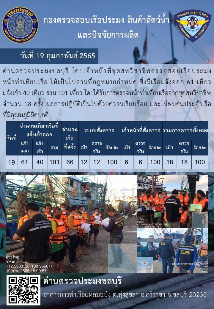 การปฏิบัติงานของเจ้าหน้าที่ด่านตรวจประมงชลบุรีประจำวันที่ 19 กุมภาพันธ์ 2565..คลิก