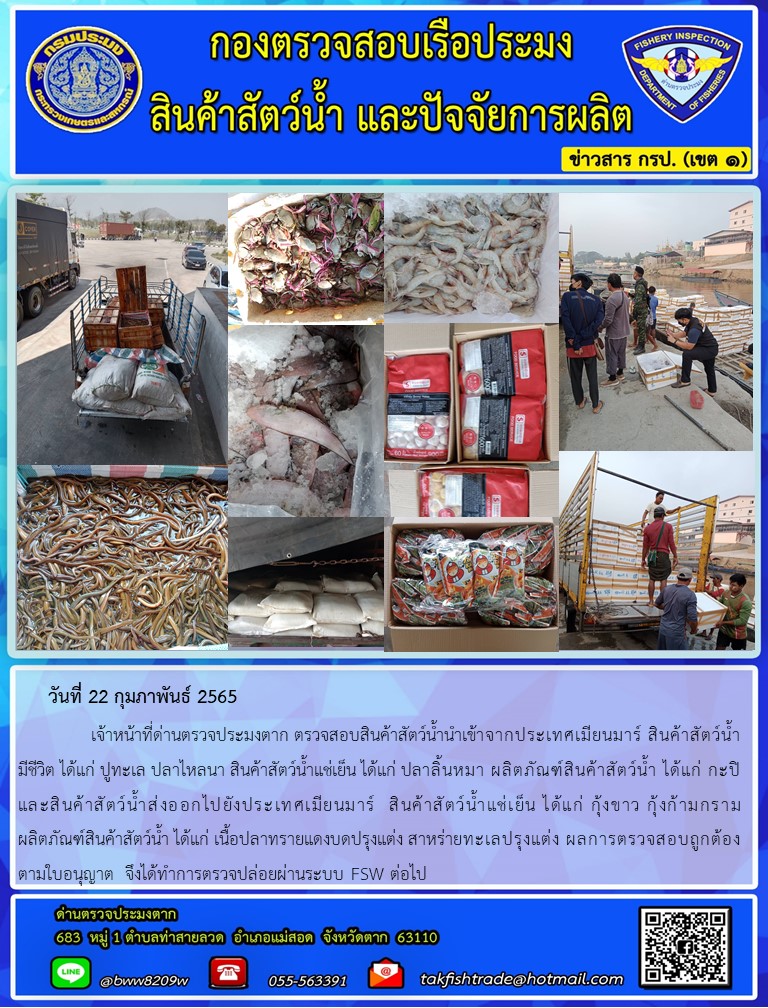 วันที่ 22 กุมภาพันธ์ 2565   	     เจ้าหน้าที่ด่านตรวจประมงตาก ตรวจสอบสินค้าสัตว์น้ำนำเข้าจากประเทศเมียนมาร์ สินค้าสัตว์น้ำ  มีชีวิต ได้แก่ ปูทะเล ปลาไหลนา สินค้าสัตว์น้ำแช่เย็น ได้แก่ ปลาลิ้นหมา ผลิตภัณฑ์สินค้าสัตว์น้ำ ได้แก่ กะปิและสินค้าสัตว์น้ำส่งออกไปยังประเทศเมียนมาร์  สินค้าสัตว์น้ำแช่เย็น ได้แก่ กุ้งขาว กุ้งก้ามกราม         ผลิตภัณฑ์สินค้าสัตว์น้ำ ได้แก่ เนื้อปลาทรายแดงบดปรุงแต่ง สาหร่ายทะเลปรุงแต่ง ผลการตรวจสอบถูกต้องตามใบอนุญาต  จึงได้ทำการตรวจปล่อยผ่านระบบ FSW ต่อไป..คลิก