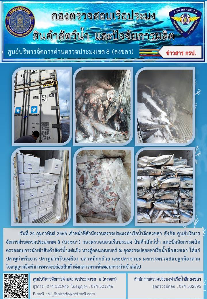 วันที่ 24 กุมภาพันธ์ 2565 เจ้าหน้าที่สำนักงานตรวจประมงท่าเรือน้ำลึกสงขลา สังกัด ศูนย์บริหารจัดการด่านตรวจประมงเขต 8 (สงขลา) กองตรวจสอบเรือประมง สินค้าสัตว์น้ำ และปัจจัยการผลิต ตรวจสอบการนำเข้าสินค้าสัตว์น้ำแช่แข็ง ทางตู้คอนเทนเนอร์ ณ จุดตรวจปล่อยท่าเรือน้ำลึกสงขลา..คลิก